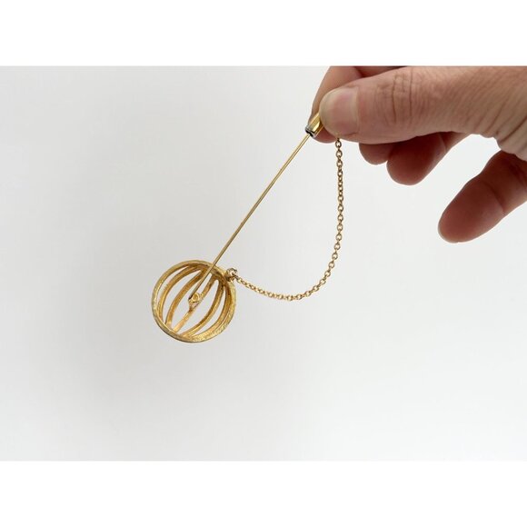Gold T Spherical Cage w/ Safety Chain Vintage Stick Pin | Hat Pin | Lapel Pin - Picture 6 of 10